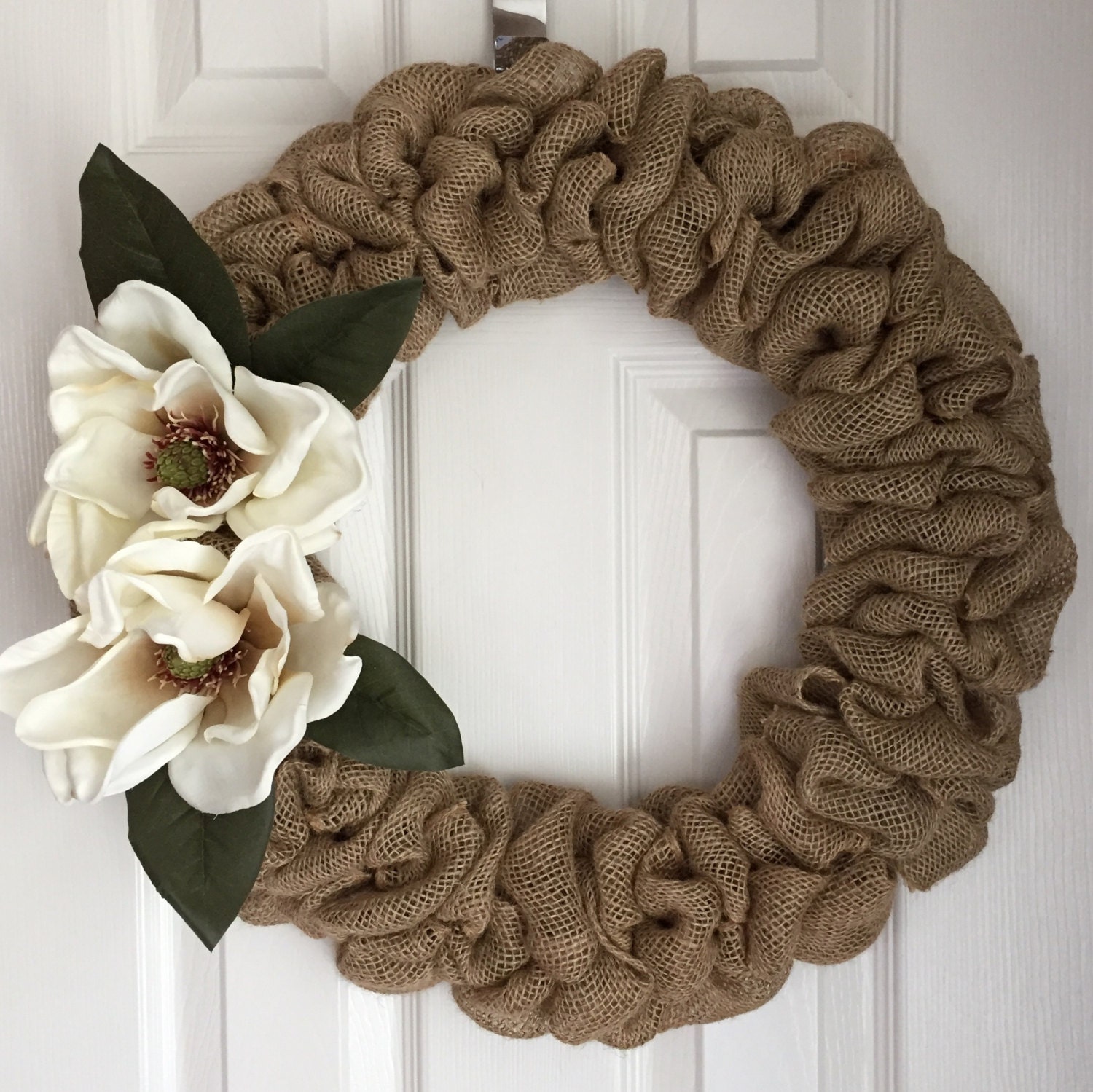 Rustic Burlap Winter Wreath for Front Door - White Magnolia Wreath - Everyday Rustic Wreath - Wedding Wreath - Burlap Magnolia Wreath