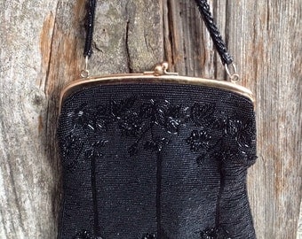 Vintage Purse/Large Vintage Black Beaded Evening Bag with Beaded Handle/1940/Vintage/Purse/Handbag/Wedding/Special Occasion/Gift/prom