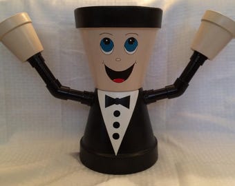 Waiter, Clay Pot people, terra cotta pots, flower pot people, garden decor, clay pot crafts, outdoor decor, painted pots, pot people