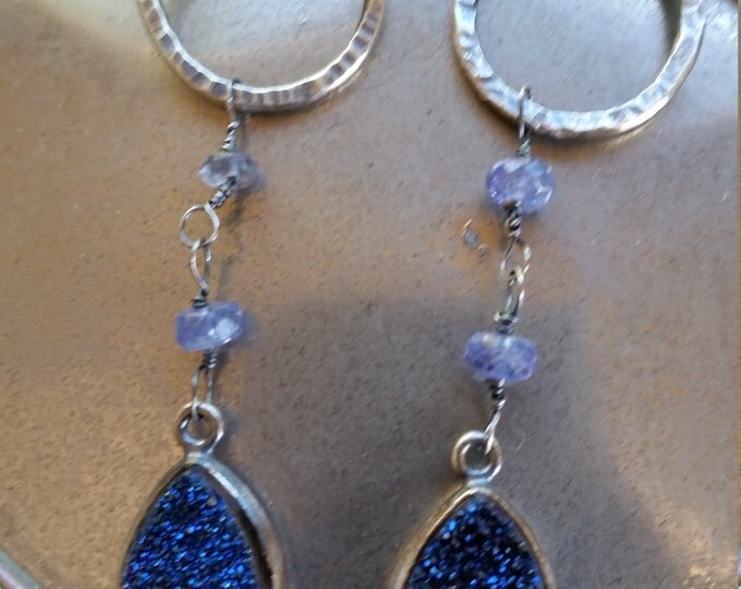 Earrings with a Hand Textured Sterling Silver Circle with a Raw Iolite Bead and Dark Royal Blue Druzy Dangles