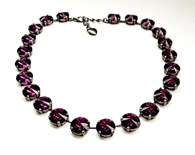 Large 14mm amethyst purple rivoli Swarovski crystal Anna Wintour style collar necklace featuring 23 crystals.
