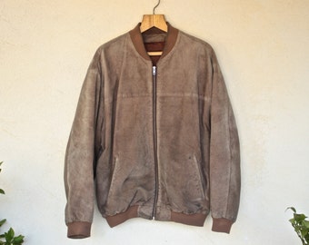 Vintage Brown Suede Bomber Jacket - Size Large