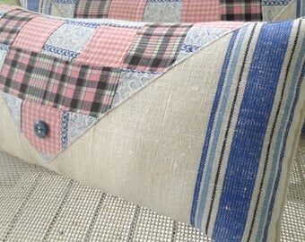 Mad About PLAID QUILTED PILLOW,Blue Linen Towel,Pink Antique Quilt, Stuffed Linen, Lumbar Pillow, Ooak, Cottage, Country, Housewarming Gifts