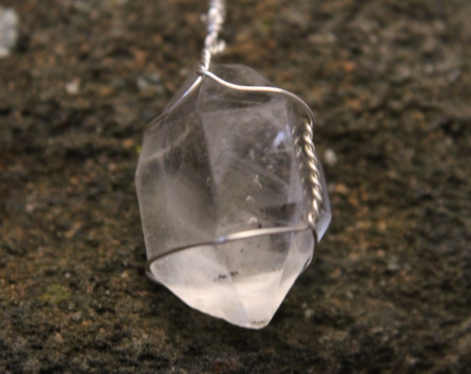 Herkimer Diamond Pendant, Double Terminated Quartz Crystal, Water Clear Crystal Necklace, Sterling Silver Wire Wrap, Gift for Him or Her