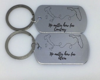 Long Distance Friendship, Long Distance Relationship, State or Country, Custom Engraved Keychain, Deployment Keychain, Gift for Her