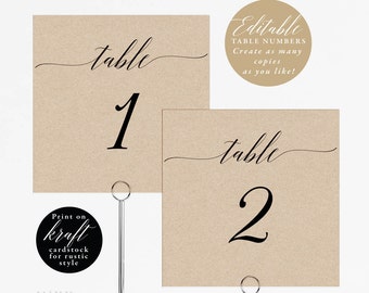 Rustic Wedding Table Numbers Printable, Table Number Template, Folded Tent Card, Flat Card, Editable Table Number Card PDF Template #E003