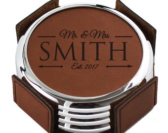 Personalized Coasters, Personalized Wedding Gift, Custom Coasters, Leather Coasters, Wedding Gifts for Couple, Drink Coasters, Set of 4