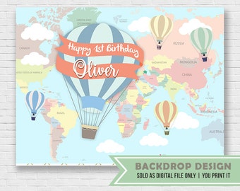Hot Air Balloon Birthday Party Backdrop Banner // Oh the places you'll go Backdrop //
