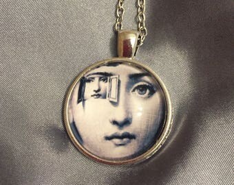 Fornasetti necklace /Fornasetti Artist jewelry Art Pendant necklace/ glass art image/ Italian artist/ Lina Cavalieri /eyes/
