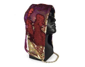 Reversible Sequin Hologram Gold and Red Festival Hood | festival clothing festival fashion burning man spirit hood rave hood