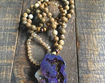 Purple Druzy Brown Beaded Necklace
