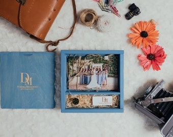 2 x Square Wooden Box for prints 4x6" + USB | Photographers / Videographers packaging | Washed Blue | wedding gift box