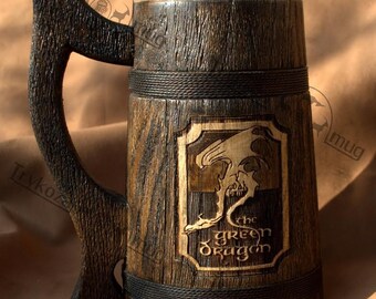The Green Dragon beer stein Personalized wooden Mug 0.7 l (23oz) natural wood, handmade, wedding gift, beer tankard, stein, Wooden tankard