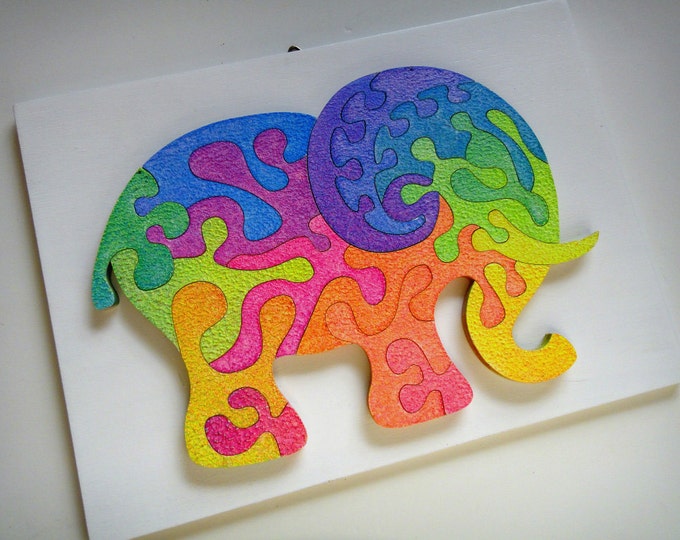 Puzzle Art: Elephant Strong, Smart Toy Brain Game With Frame Ready To Hang Family Gift Child Wooden Handmade Acrylic On Wood by Samo Svete