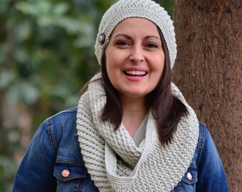 Infinity scarf and hat set, pom pom hat women, crochet cowl, circle scarf crochet, cotton beige scarf, cotton beanie crochet, women gift