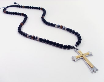 Onyx matte and Tiger Eye Necklace,Mens Cross Necklace,Stainless Steel Cross,Cross Necklace for Men,Men Gemstone Necklace,Beaded Necklace