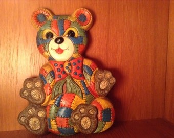 Vintage Patchwork Teddy Bear Wall Hanging - 1970's