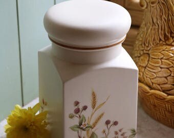 Vintage pottery kitchen container, Harvest pattern, by Marks and Spencer, c1982; pottery canister; kitchen canister; ceramic container