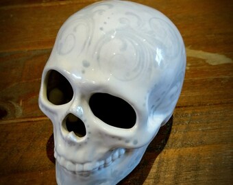 Hand Painted Ceramic, Skull Ornament, White with Grey, Glazed skulls, Home decoration, unique gothic gift, weird and wonderful, floral piece