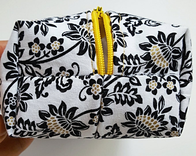 Floral Box Makeup Bag - Gift for Her - Valentine's Day - Zipper Pouch - Smaller Makeup Bag - Black Gold and White