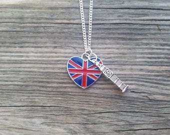 london theme british flag necklace, british necklace, british flag heart necklace, british heart flag, london necklace, graduation gift