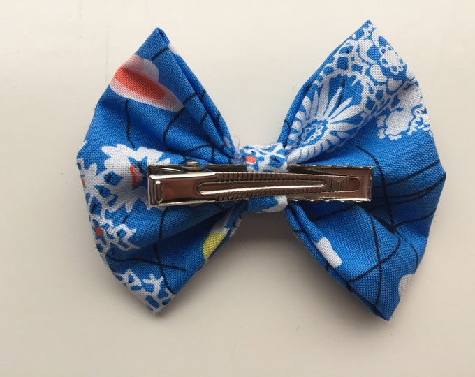 Blue floral fabric hair bow or bow tie