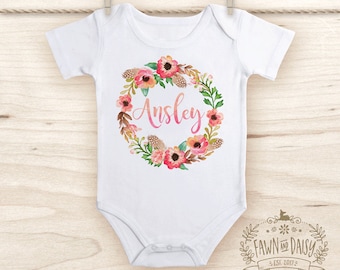 Personalized Onesie® - Boho Baby Girl Clothes - Custom Baby Gift - Floral Wreath - Shower Gift