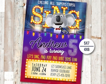 Sing Movie Invitation, Sing Movie Birthday, Sing Movie Party, Sing Invites, Buster Moon Printables, Sing Movie Printable Invite, Sing Card
