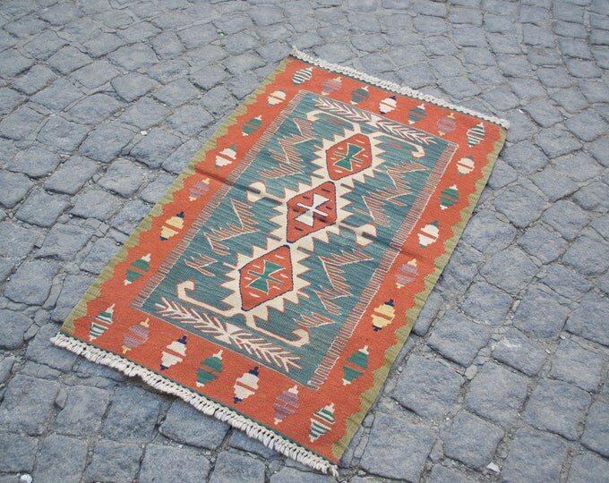 rug,kitchen Rug, Turkish Rug, Vintage Rug, Area Carpet, Anatolian Rug, Low Pile Rug, Home and Office Rug, 3.1'x2' /96x61cm, Handwoven Rug,