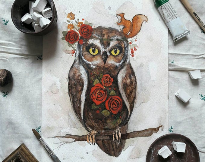 ORIGINAL painting by Tatiana Boiko Dea my Owl, nursery art, wall hanging, wall art, Russian art, wall decor, gift, home, baby, kids, roses