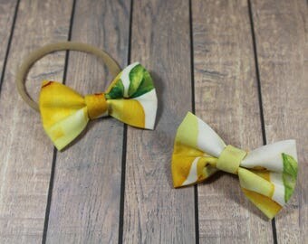 4 Inch Lemon Hair Bow, Bow Tie, or Rosette (Ribbon Covered Alligator Clip, Nylon Headband, Bow Tie Velcro Band)