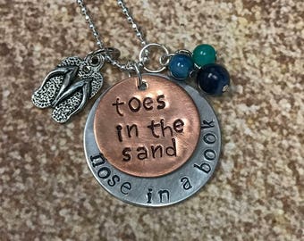 Beach necklace - hand stamped book necklace - toes in the sand - nose in a book - gift for reader - beach gift - mixed metals - sandals