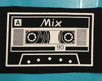 mixtape cassette tape screenprinted fabric patch 4"x6"