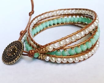 Mint freshwater pearl leather wrap bracelet, bohemian, boho chic, nautical jewelry, beach jewelry, Chan Luu style, necklace, anklet