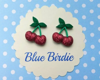 Cherry earrings cherry jewellery cherry jewelry glitter cherry stud earrings fruit jewellery summer earrings rockabilly cherry gift