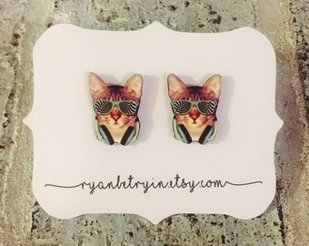 Trippy Cat Stud Earrings - Cool Cat Earrings - Hipster Cat Earrings - Cats - Cat Lover Gift - Quirky Earrings - Cat Jewelry - Friend Gift