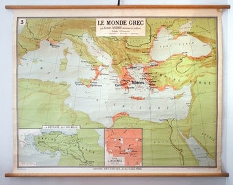 Vintage Rare Greek World School Map from Librairie Delagrave. Made in France