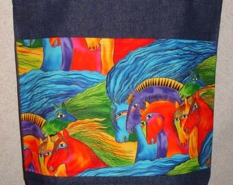 New Large Denim Tote Bag Handmade with Laurel Burch Horses Long Mane Theme fabric