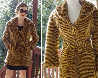 TIGER 1960's 70's Vintage Fuzzy Faux Fur Striped Golden Brown Belted Jacket w/ Ball Buttons // size Medium