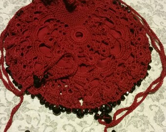 Burgundy Beaded Red Scarlet Lace Crochet Purse Reticule Handbag Steampunk Victorian Edwardian English Renaissance Vampire