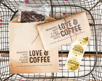 Love and Coffee - Whole Bean Wedding Favor Bags - Thank You Gift - Mr & Mrs - Budget Coffee Favors - 20 Kraft brown Bags