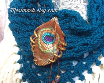 Teal Peacock cowl... knit crocheted fringed yarn soft scarf leather tie bohemian boho