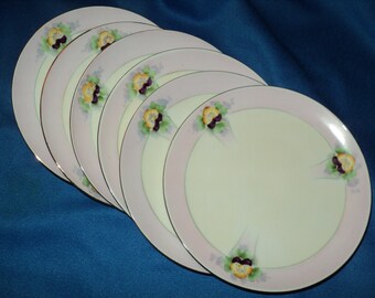 Vintage Set of Six Meito China Pansy Flower Dessert Plates
