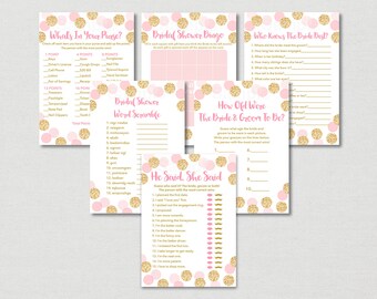Blush Pink & Gold Bridal Shower Games Package / Glitter Bridal Shower / Glitter Dots / Confetti / 6 Printable Games / INSTANT DOWNLOAD B107