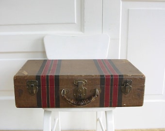 Vintage Brown Suitcase, Striped Suitcase, Brown Case, Vintage Luggage, Vintage Suitcase, Antique Suitcase, Red Striped Suitcase