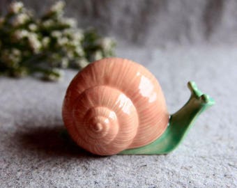 Stoneware Snail in mint green and coral pink Garden Sculpture (medium)