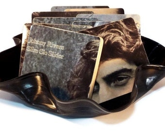 Johnny Rivers wood coasters with warped record bowl from recycled Slim Slo Slider music album