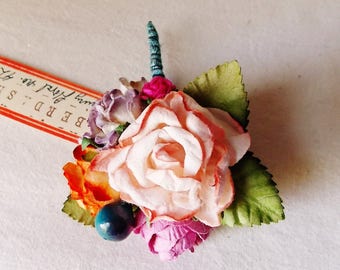 Peach Sugar Plum Tangerine Blue Roses berries Mixed bunch Vintage style Millinery Flower spray Bouquet floral corsage