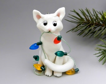 White Cat Christmas Ornament Figurine Lights Porcelain