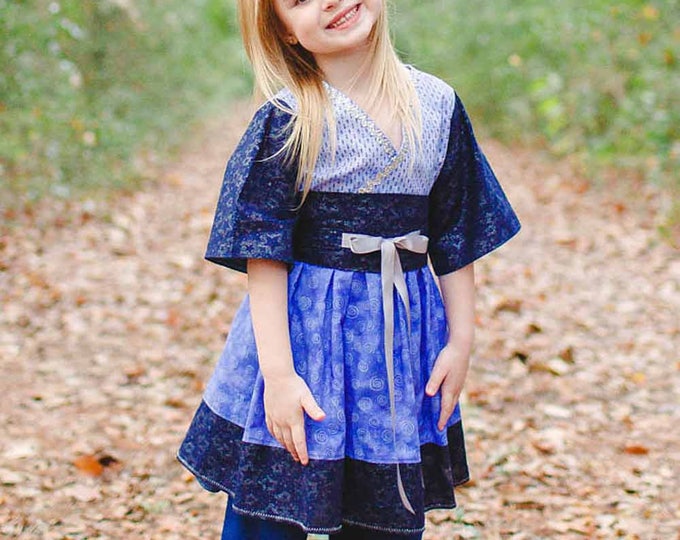 Blue Toddler Party Dress - Little Girls Outfit - Ruffle Pants - Kimono - Cotton - Summer - Handmade Clothes - Birthday - Sizes 2T to 7